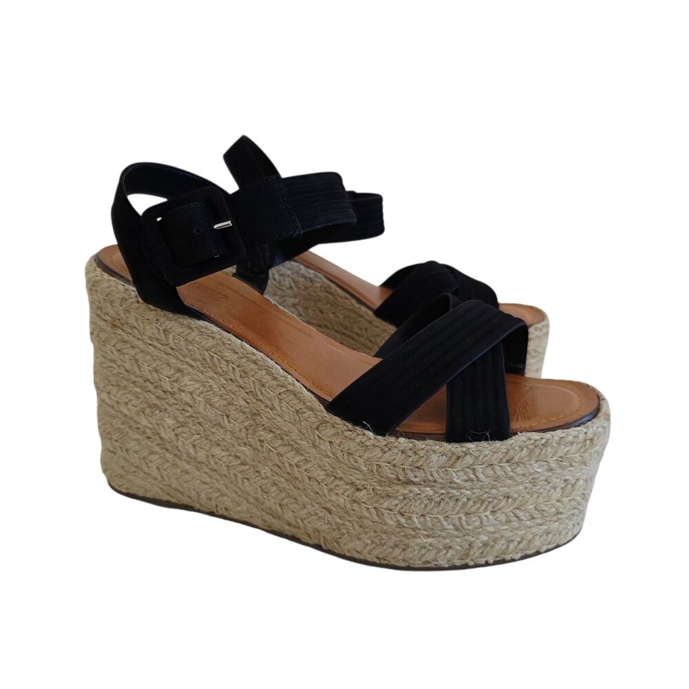 Schutz Blisse Size 9.5 Black & Tan Suede Platform Jute Espadrille Wedge Sandals
